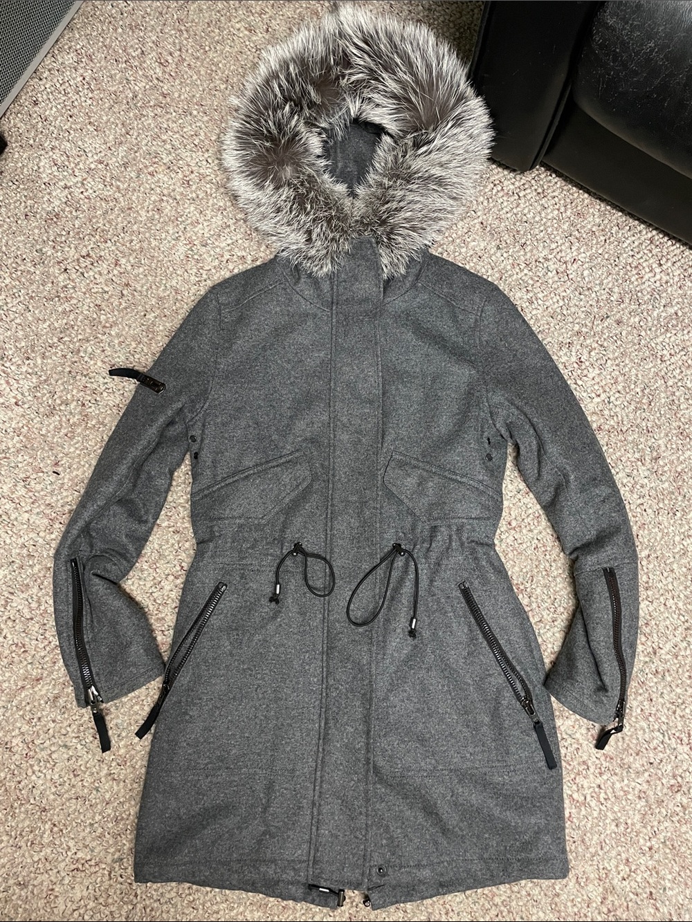 Sam ny Gray fox fur trimmed wool Hooded utility style long Parka Coat